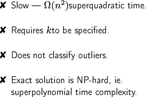 \begin{dinglist}{56}
\item Slow - \( \Omega (n^{2}) \)superquadratic time.
\it...
...m Exact solution is NP-hard, ie. superpolynomial time complexity.
\end{dinglist}