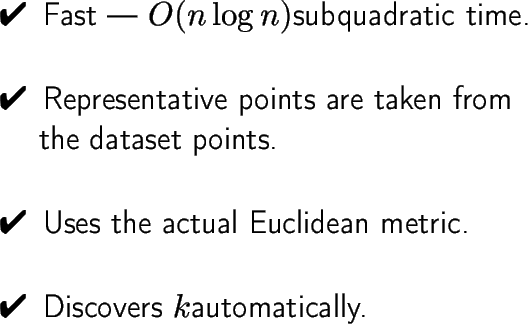 \begin{dinglist}{52}
\item Fast - \( O(n\log n) \)subquadratic time.
\item Rep...
...he actual Euclidean metric.
\item Discovers \( k \)automatically.
\end{dinglist}